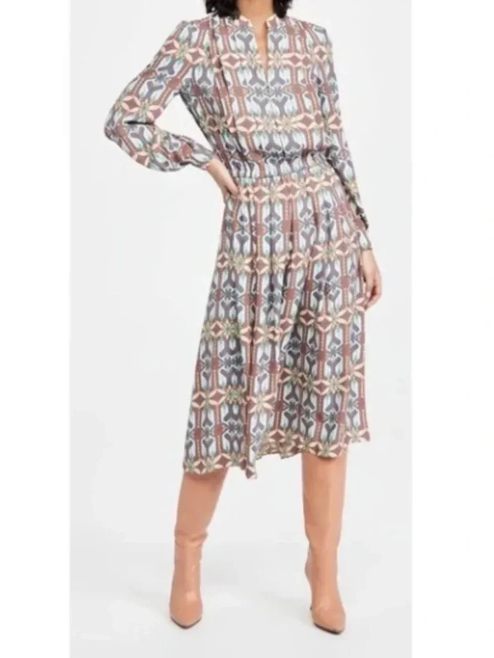 Tory Burch Garden Maze Geometric Print Pleated Shirt Dress